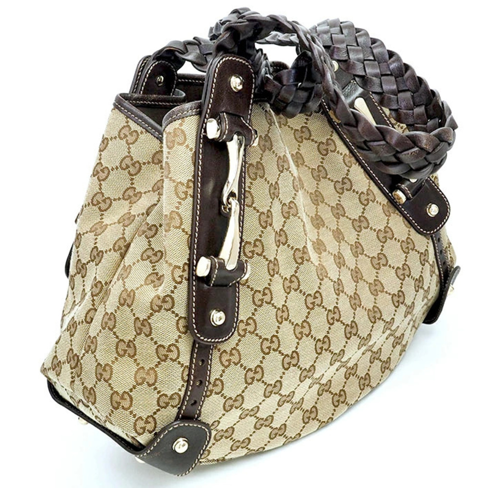 Gucci Shoulder Bag GG Braided Handle Tote Canvas Horsebit Brown Beige - Picture 2 of 6